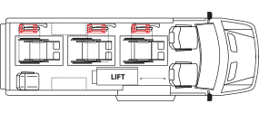 2 passenger + 3 wc or 8 passenger + 0 wc L-track parallel with van