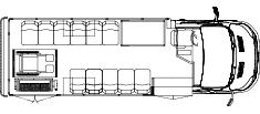 11 passenger and 1 wc with perimeter seating and front storage rack